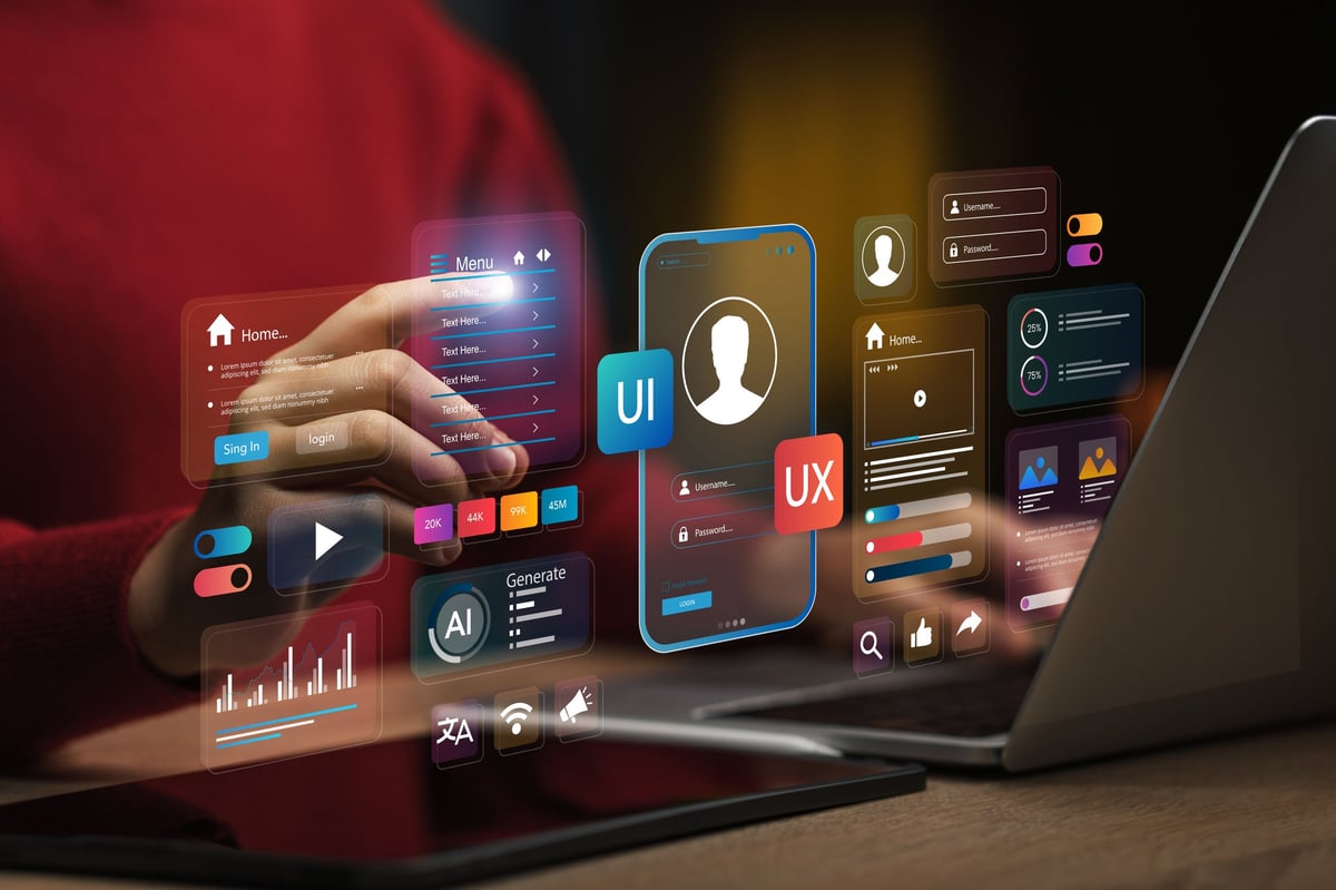 Modern web design workspace with holographic UI elements